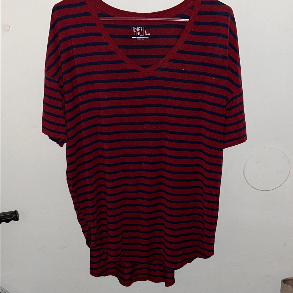 Time and Tru Burgundy and Navy Striped Tee